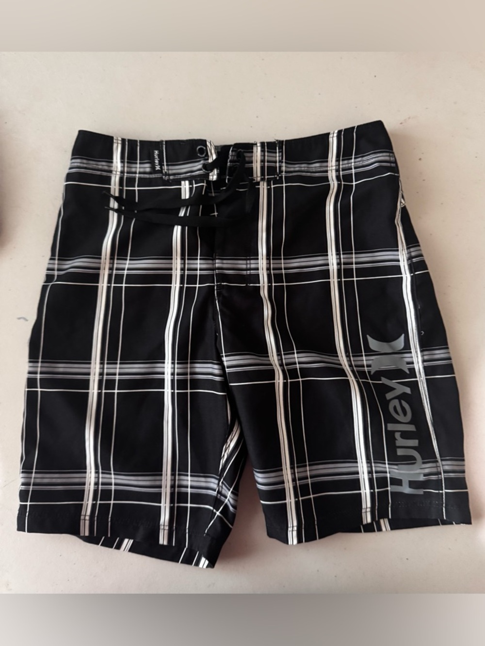 Hurley boys Black Plaid Swim Trunks
